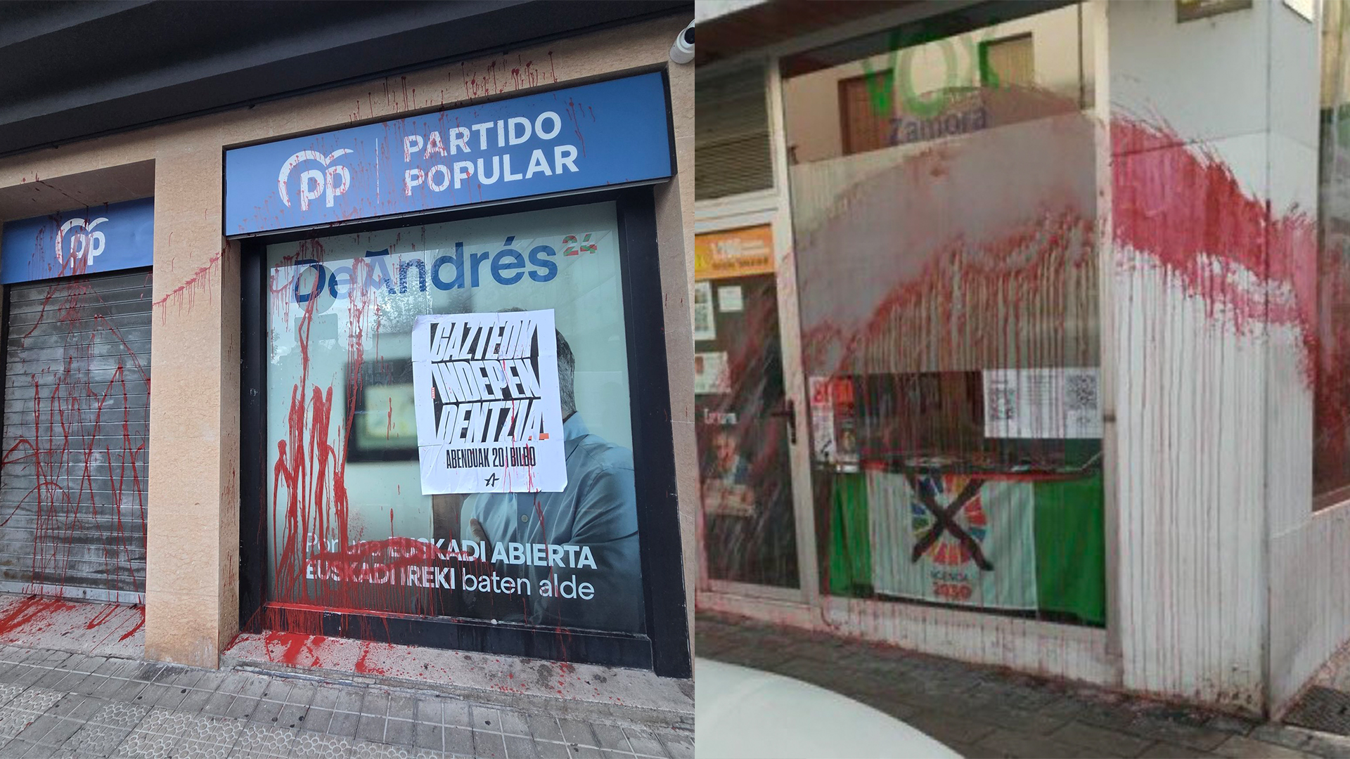 Ola de vandalismo político: Atacan con pintura roja las sedes del PP en Bilbao y de Vox en Zamora en menos de 24 horas